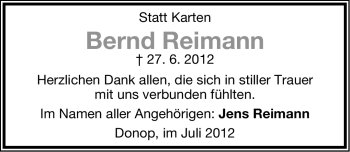 Anzeige  Bernd Reimann  Lippische Landes-Zeitung