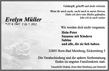 Anzeige  Evelyn Müller  Lippische Landes-Zeitung