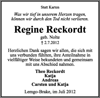 Anzeige  Regine Reckordt  Lippische Landes-Zeitung