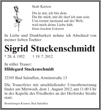 Anzeige  Sigrid Stuckenschmidt  Lippische Landes-Zeitung