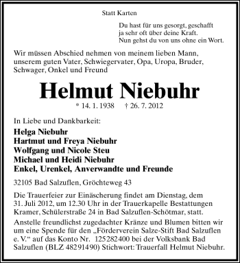 Anzeige  Helmut Niebuhr  Lippische Landes-Zeitung