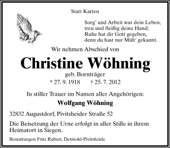 Anzeige  Christine Wöhning  Lippische Landes-Zeitung