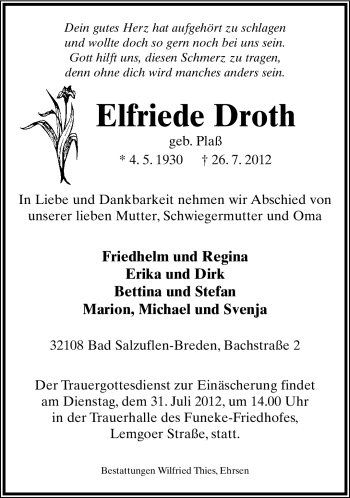 Anzeige  Elfriede Droth  Lippische Landes-Zeitung
