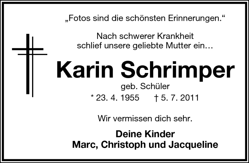  Traueranzeige für Karin Schrimper vom 06.07.2011 aus Lippische Landes-Zeitung