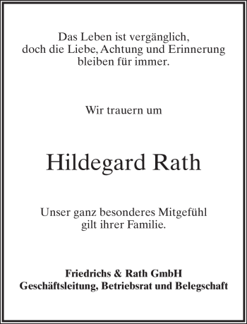 Anzeige  Hildegard Rath  Lippische Landes-Zeitung