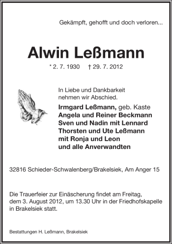 Anzeige  Alwin Leßmann  Lippische Landes-Zeitung