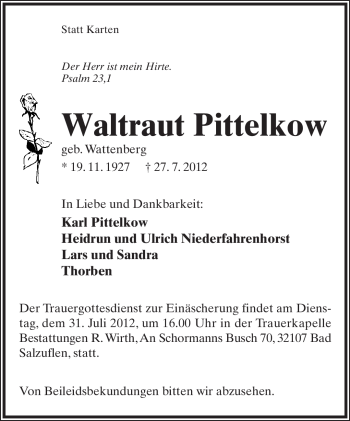 Anzeige  Waltraut Pittelkow  Lippische Landes-Zeitung