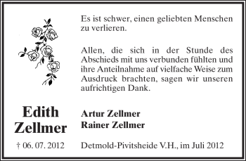 Anzeige  Edith Zellmer  Lippische Landes-Zeitung