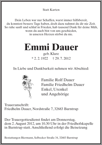 Anzeige  Emmi Dauer  Lippische Landes-Zeitung
