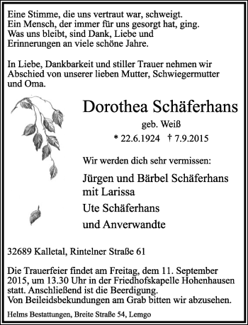 Anzeige  Dorothea Schäferhans  Lippische Landes-Zeitung