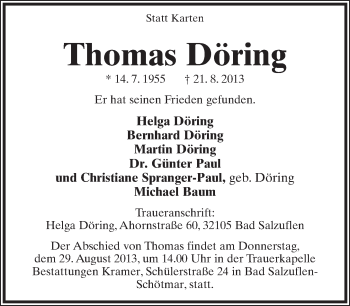 Anzeige  Thomas Döring  Lippische Landes-Zeitung