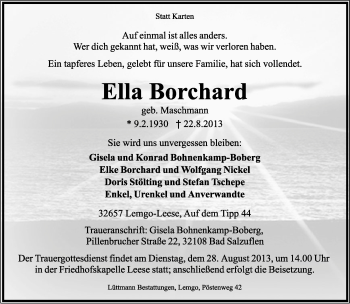 Anzeige  Ella Borchard  Lippische Landes-Zeitung