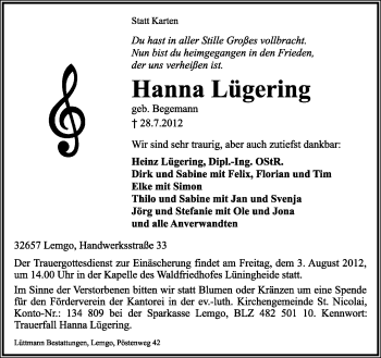 Anzeige  Hanna Lügering  Lippische Landes-Zeitung
