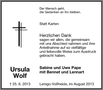Anzeige  Ursula Wolf  Lippische Landes-Zeitung