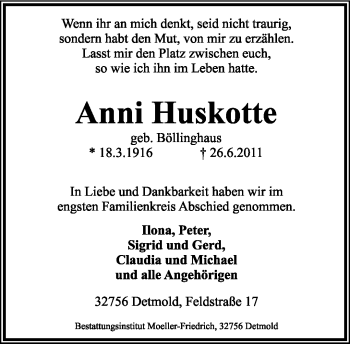 Anzeige  Anni Huskotte  Lippische Landes-Zeitung
