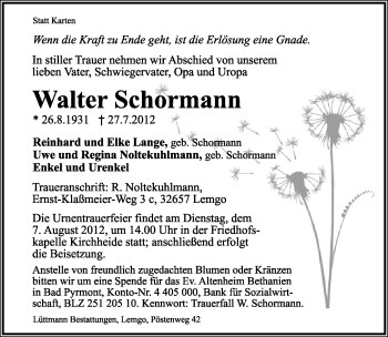 Anzeige  Walter Schormann  Lippische Landes-Zeitung