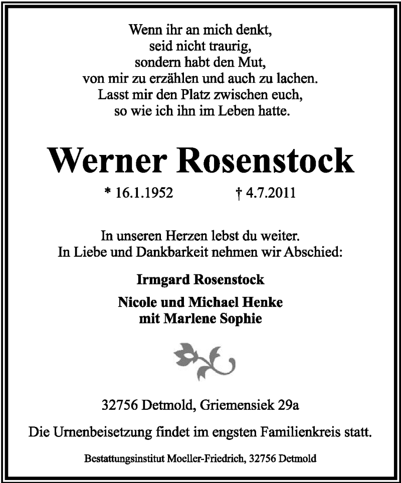  Traueranzeige für Werner Rosenstock vom 09.07.2011 aus Lippische Landes-Zeitung