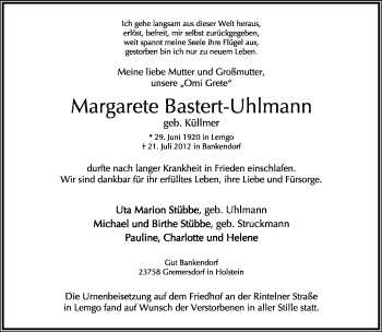 Anzeige  Margarete Bastert-Uhlmann  Lippische Landes-Zeitung