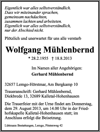 Anzeige  Wolfgang Mühlenbernd  Lippische Landes-Zeitung