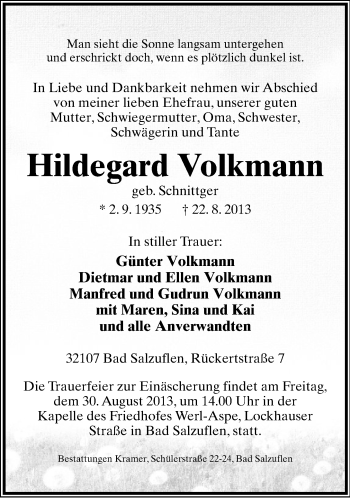 Anzeige  Hildegard Volkmann  Lippische Landes-Zeitung