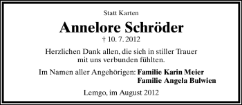 Anzeige  Annelore Schröder  Lippische Landes-Zeitung