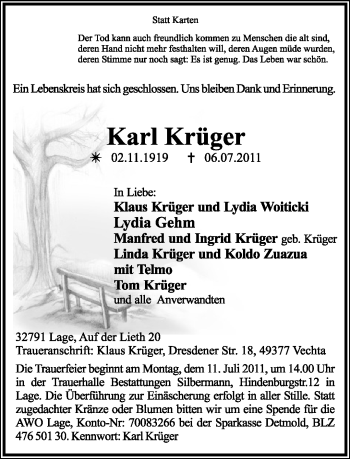 Anzeige  Karl Krüger  Lippische Landes-Zeitung