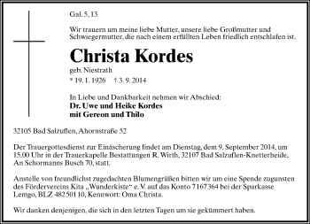 Anzeige  Christa Kordes  Lippische Landes-Zeitung