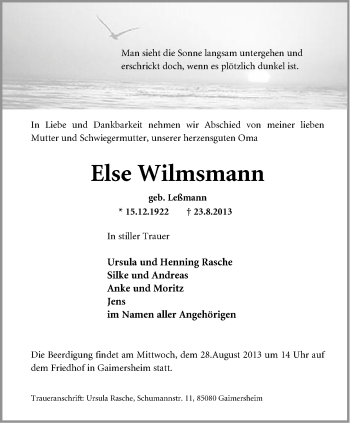 Anzeige  Else Wilmsmann  Lippische Landes-Zeitung
