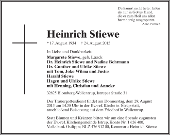 Anzeige  Heinrich Stiewe  Lippische Landes-Zeitung