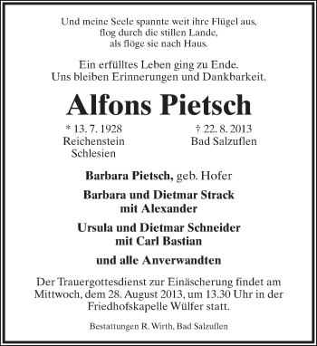 Anzeige  Alfons Pietsch  Lippische Landes-Zeitung