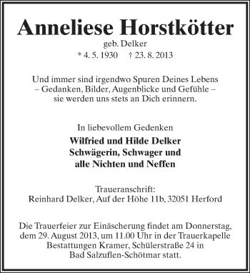 Anzeige  Anneliese Horstkötter  Lippische Landes-Zeitung