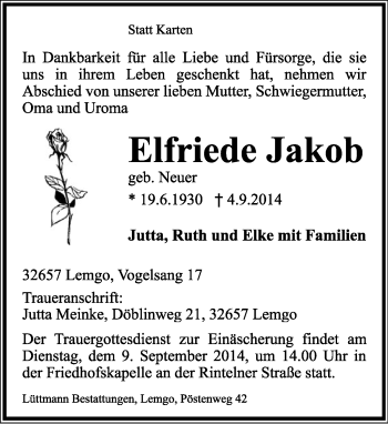 Anzeige  Elfriede Jakob  Lippische Landes-Zeitung