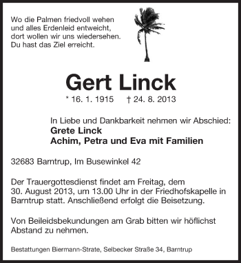 Anzeige  Gert Linck  Lippische Landes-Zeitung