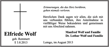 Anzeige  Elfriede Wolf  Lippische Landes-Zeitung