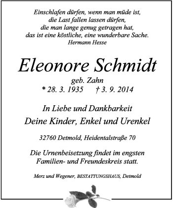 Anzeige  Eleonore Schmidt  Lippische Landes-Zeitung