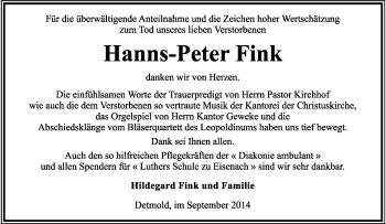 Anzeige  Hanns-Peter Fink  Lippische Landes-Zeitung