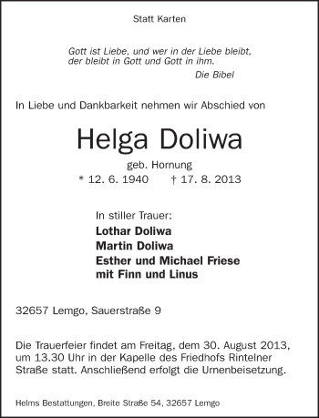Anzeige  Helga Doliwa  Lippische Landes-Zeitung