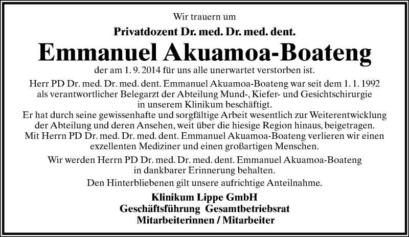  Traueranzeige für Emmanuel Akuamoa-Boateng vom 06.09.2014 aus Lippische Landes-Zeitung