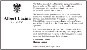 Anzeige  Albert Lazina  Lippische Landes-Zeitung