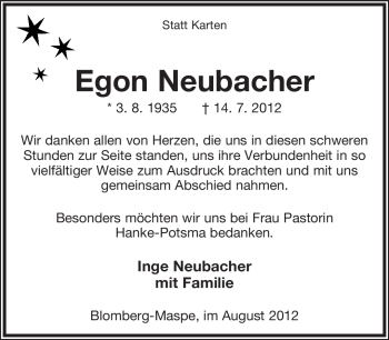 Anzeige  Egon Neubacher  Lippische Landes-Zeitung
