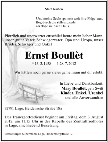 Anzeige  Ernst Boullèt  Lippische Landes-Zeitung