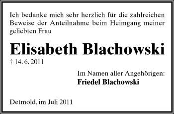Anzeige  Elisabeth Blachowski  Lippische Landes-Zeitung