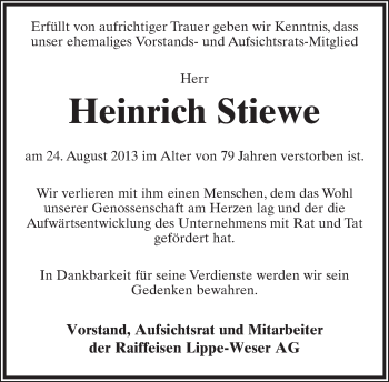 Anzeige  Heinrich Stiewe  Lippische Landes-Zeitung