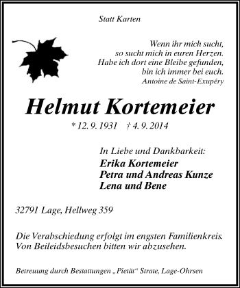 Anzeige  Helmut Kortemeier  Lippische Landes-Zeitung