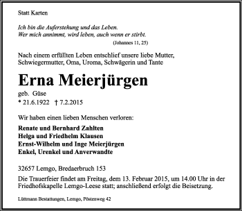 Anzeige  Erna Meierjürgen  Lippische Landes-Zeitung