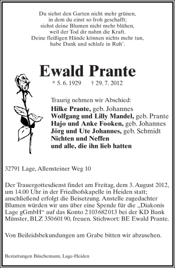 Anzeige  Ewald Prante  Lippische Landes-Zeitung