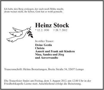 Anzeige  Heinz Stock  Lippische Landes-Zeitung