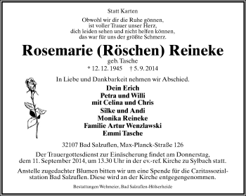 Anzeige  Rosemarie Reineke  Lippische Landes-Zeitung