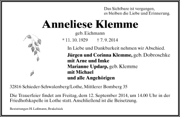 Anzeige  Anneliese Klemme  Lippische Landes-Zeitung