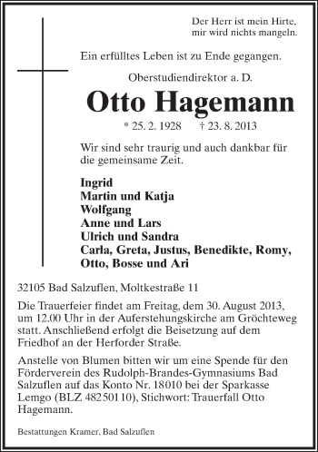Anzeige  Otto Hagemann  Lippische Landes-Zeitung